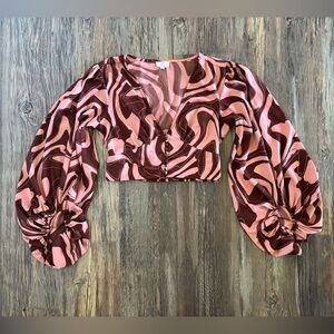 Girl Soul V-Neck Cropped Long Bell Sleeve Shirt Sz L 70s Style Brown Pink Hippie